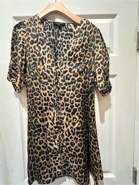 All Saints Kota Leppo Dress Mini Button Down Leopard Print Satin- Size Small